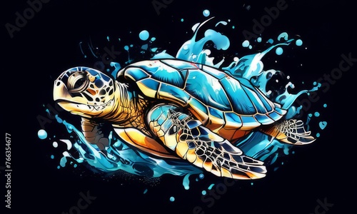 Turtle glides through its aquatic environment, showcasing beauty, tranquility of underwater world. For Tshirt design, posters, postcards, other merchandise with marine theme, childrens books, tourism.