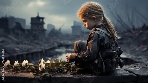 Girl in war Sitting on Ledge Looking at Flowers