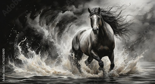 Art of horse in vortex, black and white color photo