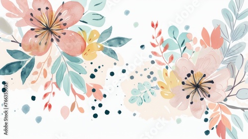 Abstract minimalistic scandinavian botanical art with warm color tones. A delicate composition of floral and foliage elements intertwined with abstract warm colored shapes and subtle brushstrokes