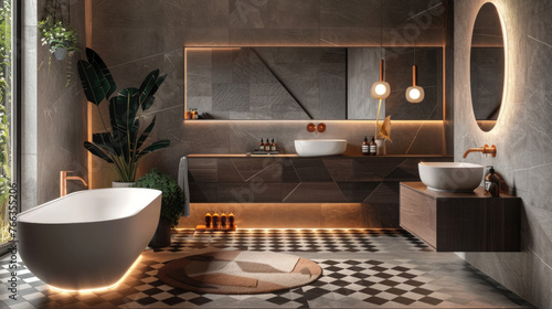 A contemporary bathroom design with a statement-making geometric tiled floor  a floating vanity  and LED lighting for a futuristic touch