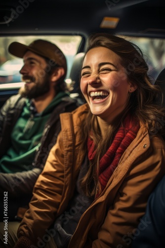 A carpooling group sharing laughs and stories during their daily commute to work, fostering camaraderie on the road