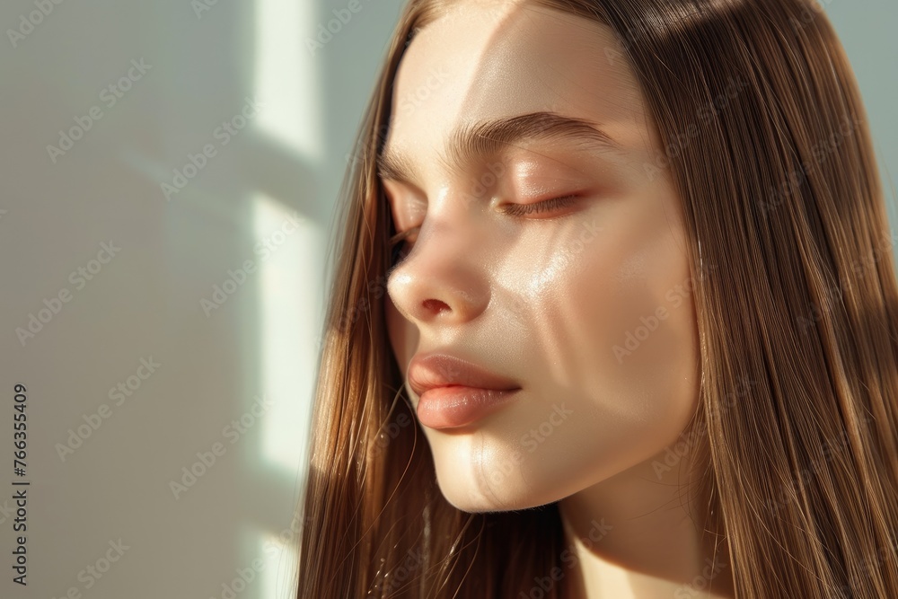 Woman with subtle make-up in gentle light - An elegant image of a woman with subtle makeup and a serene expression, illuminated by gentle light reflecting tranquility Woman with subtle make-up in gentle light - An elegant image of a woman with subtle makeup and a serene expression, illuminated by gentle light reflecting tranquility