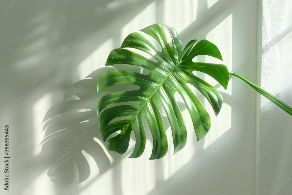 Sunlit Monstera leaf through white curtain - Warm sunlight filters through a gauzy curtain, gently illuminating a Monstera leaf's vibrant green hues - obrazy, fototapety, plakaty 