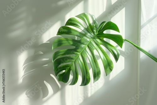 Sunlit Monstera leaf through white curtain - Warm sunlight filters through a gauzy curtain, gently illuminating a Monstera leaf's vibrant green hues