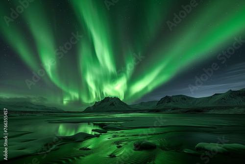 Green Northern Lights at night over the ice at the North Pole. © Gun