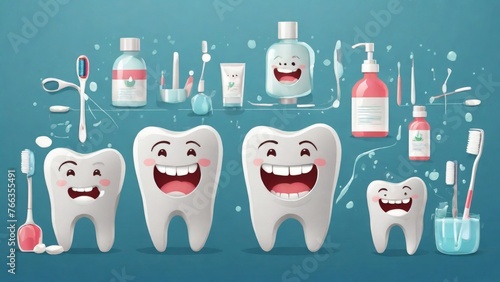 Create a vector set featuring three molars, symbolizing tooth cleaning, care, and protection against tooth decay.