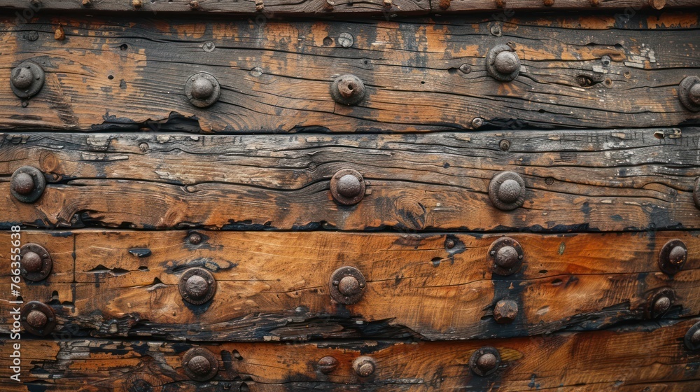 Obraz premium Textured Wooden Ship Planking with Iron Rivets The richly textured planking of a wooden ship, studded with iron rivets, displays the beautiful patina of weathering and time.