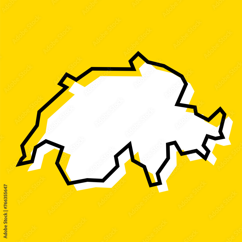 Switzerland country simplified map. White silhouette with thick black contour on yellow background. Simple vector icon Switzerland country simplified map. White silhouette with thick black contour on yellow background. Simple vector icon