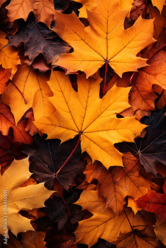 A close-up photo of colorful autumn leaves scattered on the ground in a forest A close-up photo of colorful autumn leaves scattered on the ground in a forest
