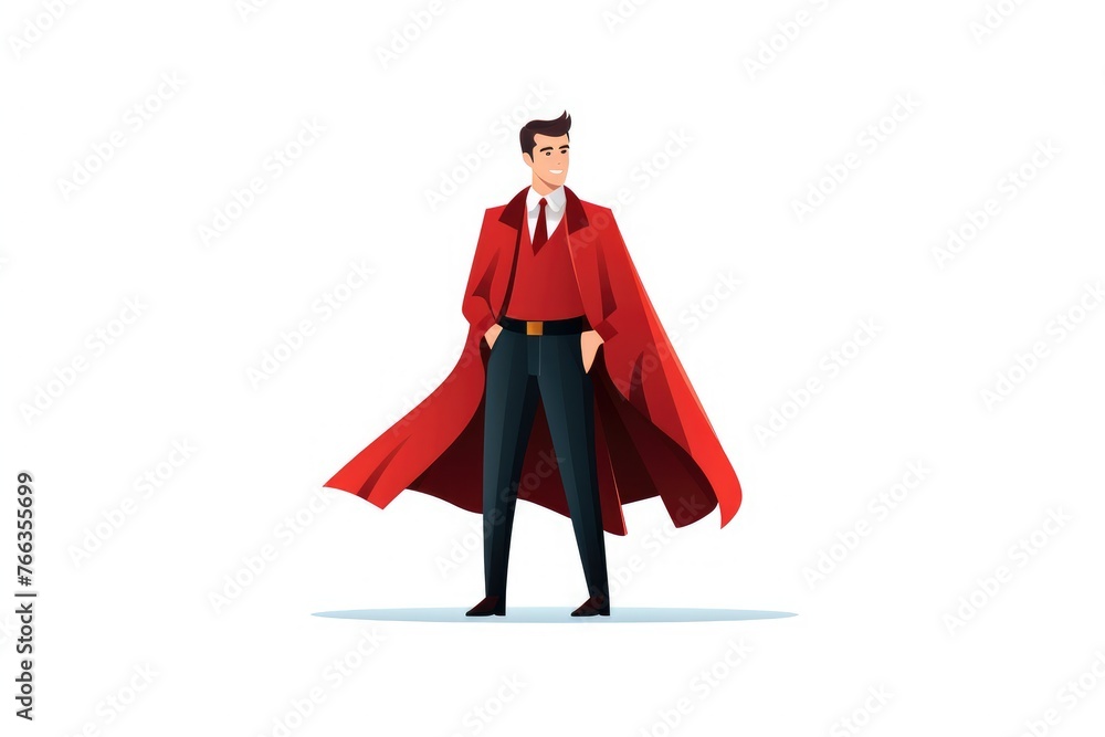 Confident superhero with cape standing pose - Stylized illustration of a confident man in a superhero pose with a flowing red cape, symbolizing power and leadership