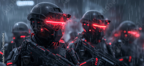 Futuristic soldiers in rainy cyberpunk setting