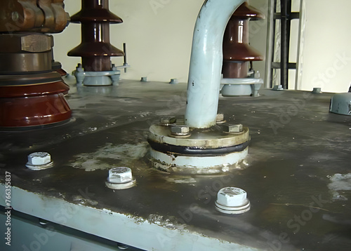 Obraz na plátně The rubber gasket replacement between the main tank and a diaphragm on one end of the metallic pipe from the conservator tank, Power Transformer preventive maintenance