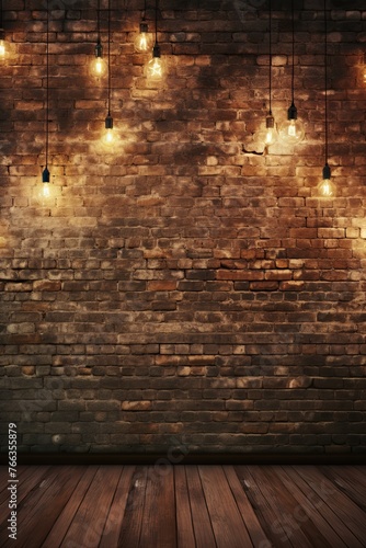 Room with brick wall and white lights background