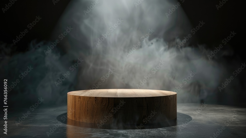 Solo wooden podium surrounded by smoke - Warm light shines on a lone wooden podium enveloped by soft smoke, suggesting a place of honor