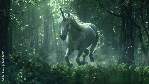 Unicorn running in an enchanted forest setting - A luminous white unicorn runs freely through an enchanted forest  bathed in mystical green light