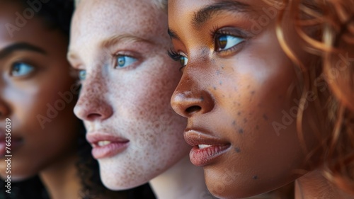 Three diverse women focusing towards camera - Close-up of three diverse female models with freckles looking intently towards the camera, signifying unity in diversity photo