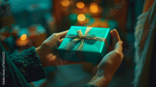 Two individuals share gifts and a blue box, their soft edges and blurred details contrasting with the dark orange and emerald colors.
