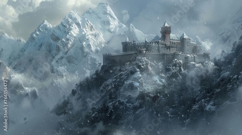 The castle stood majestically, flanked by the snow-capped peaks of the surrounding mountains.