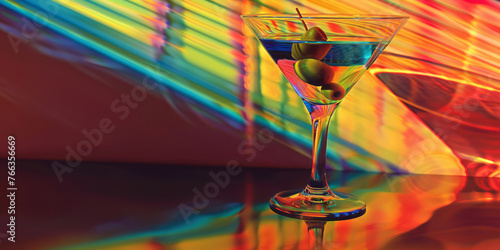 A martini cocktail, garnished with olives and served in an olive-rimmed glass, is captured in minimalist photography. photo