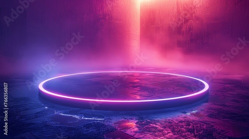 Futuristic neon glow illuminates a dark, wet surface with a striking object in the center, set against a vast space backdrop.