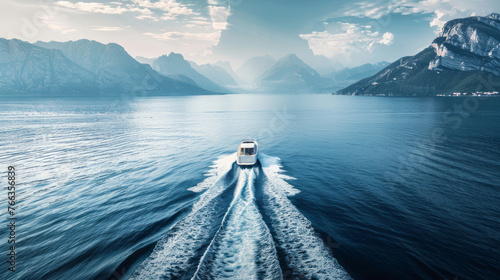A boat speeds on the ocean, accompanied by mountains, showcasing polished surfaces, a glossy finish, and exacting precision in dark cyan and white.
