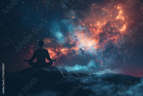 A man meditates in a yoga lotus position, his soul connected to the universe as he reclines against a backdrop of a nebula galaxy, embodying mindful spirituality. photo