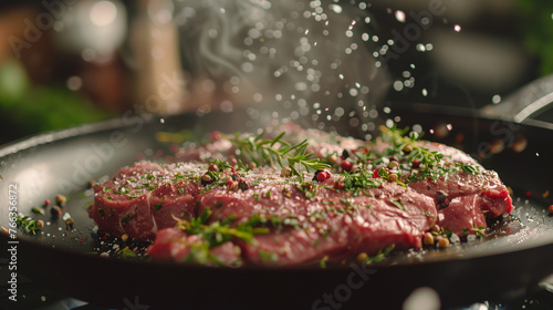 Fresh meat seasoned with salt and pepper that is pan-fried or grilled. © BB_Stock