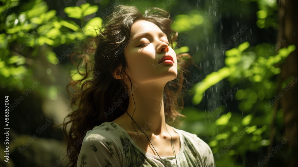 Woman Standing in the Rain With Eyes Closed Woman Standing in the Rain With Eyes Closed