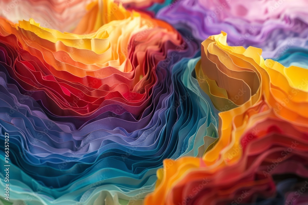 A vibrant landscape crafted from paper exhibits precise topography and a psychedelic feel.