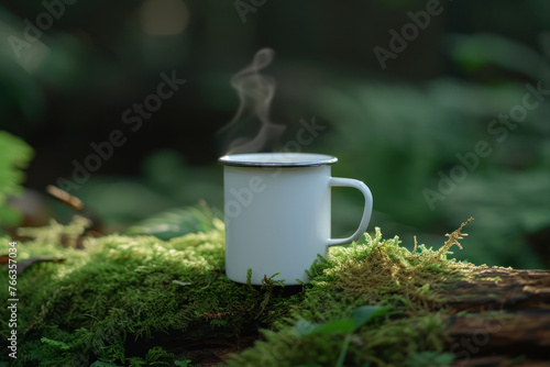 Coffee cup on the tree in the forest, stock photo