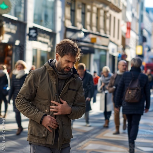 Man with Stomach Pain Walking in a Crowd