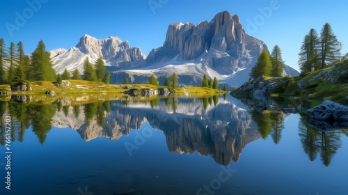 A serene mountain lake with a mirrored surface reflecting the towering peaks and the clear blue sky above.