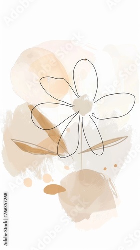 Abstract minimalistic scandinavian botanical art with warm color tones. A delicate composition of floral and foliage elements intertwined with abstract warm colored shapes and subtle brushstrokes © Merilno