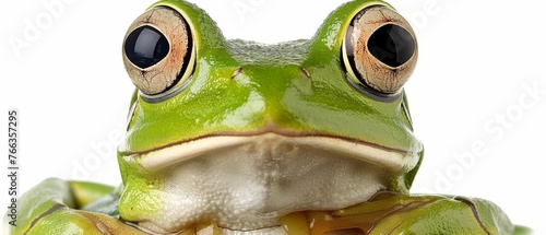  A high-resolution close-up photo of a green frog with big round black eyes on a solid white backdrop