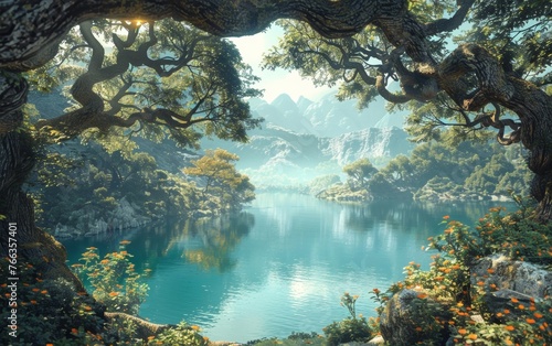 Magical realm where tranquil waters meet towering ancient forests