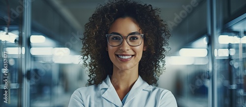 A woman in glasses and a lab coat smiles for the camera during a vision care event. Her eyebrows are raised, eyes sparkling with happiness. She looks happy and ready for fun travel adventures photo