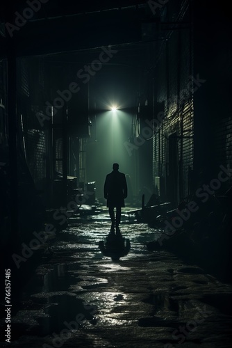 A man is walking down a poorly illuminated alleyway at night. The scene is eerie, with shadows cast by the dim lighting creating an ominous atmosphere photo