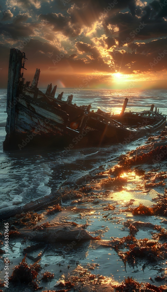 The final moments of daylight cast a fiery glow over an old shipwreck on the beach, with sun rays piercing through the clouds above.
