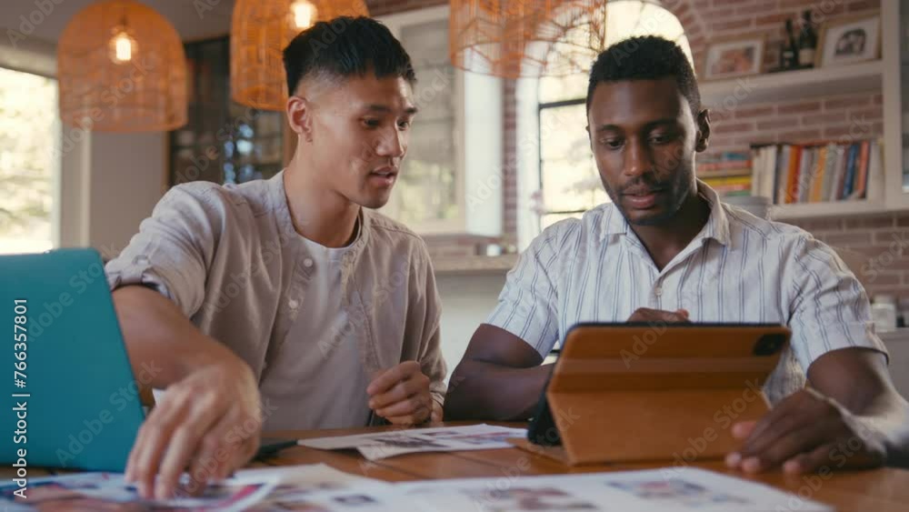 Two men working from home in design publishing or creative industry using digital tablet with stylus - shot in slow motion Two men working from home in design publishing or creative industry using digital tablet with stylus - shot in slow motion