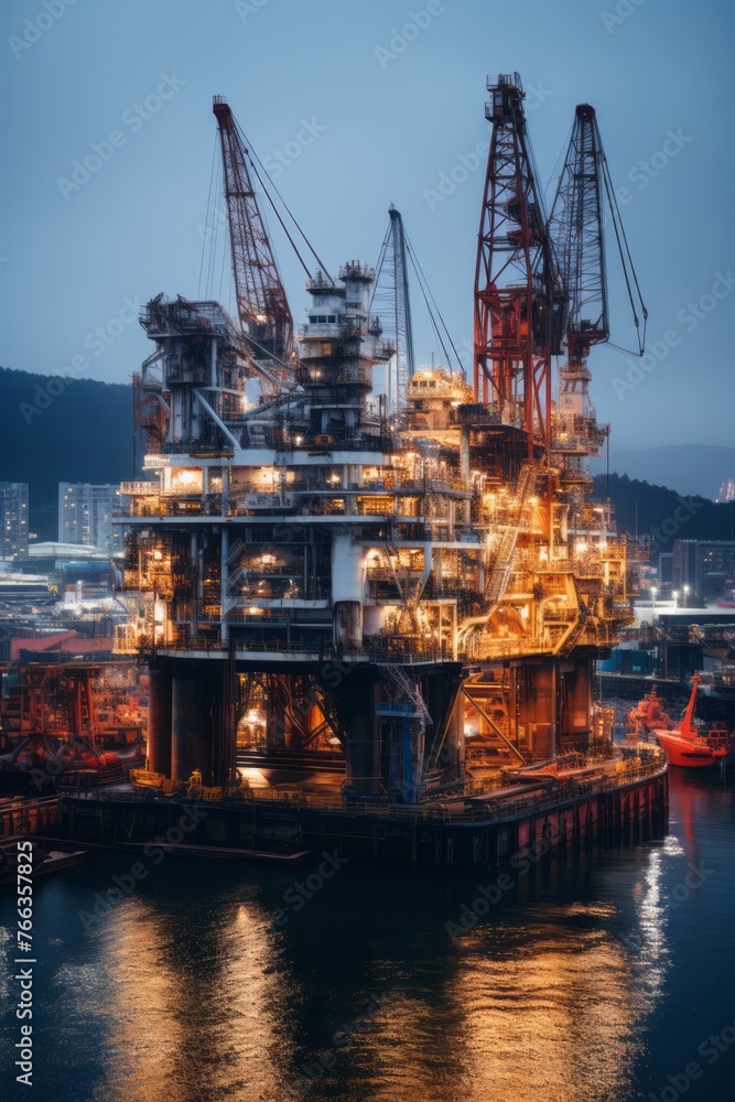 A large oil rig platform sits atop a body of water, illuminated at night. The structure is used for drilling operations in the ocean, with various equipment visible on the rig