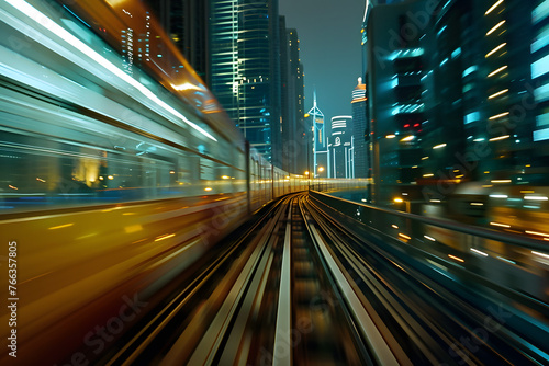 Blurred motion of city lights at night, depicting high-speed urban travel by train or city metro.
