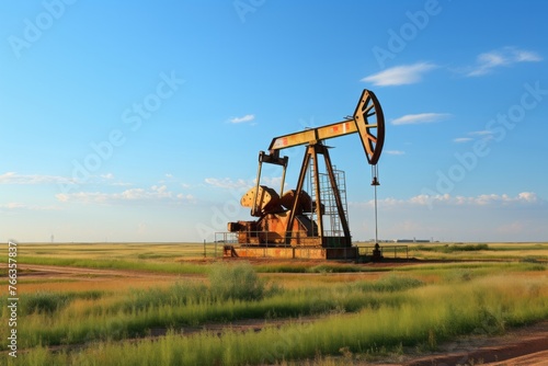 An oil pump stands tall in the center of a vast field, extracting oil from deep underground. The pumps mechanical arms move rhythmically, symbolizing industrial activity in the rural landscape