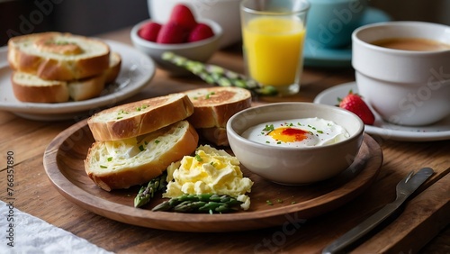 breakfast set with egg, asparagus, toast and coffee
