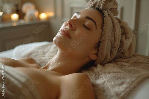 A woman lying on a bed with a towel wrapped around her head  enjoying a moment of relaxation in massage room