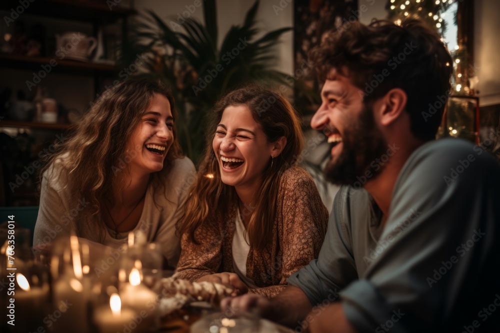 A family laughing together in a cozy living room, captured in a candid moment A family laughing together in a cozy living room, captured in a candid moment