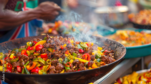 Close-up of vibrant stir-fried vegetables and meat in a large wok, with steam rising, at a bustling outdoor market, capturing the essence of street food cuisine