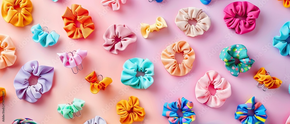 Playful image of colorful hair scrunchies and clips on a pastel background, celebrating hair accessories, Playful image of colorful hair scrunchies and clips on a pastel background, celebrating hair accessories,