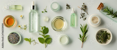 Overhead shot of a DIY hair care ingredients spread, including oils and herbs for homemade treatments,