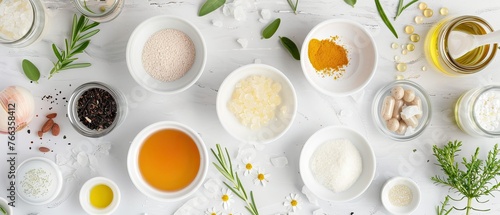 Overhead shot of a DIY hair care ingredients spread, including oils and herbs for homemade treatments,